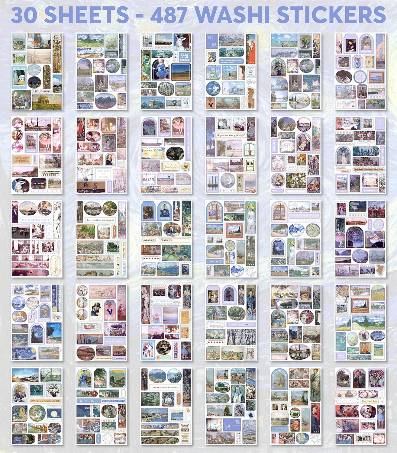 Vintage Journaling Supplies for Junk Journal - 487 Scrapbooking Stickers & 20 Ephemera Papers Washi Stickers with Art Famous Paintings