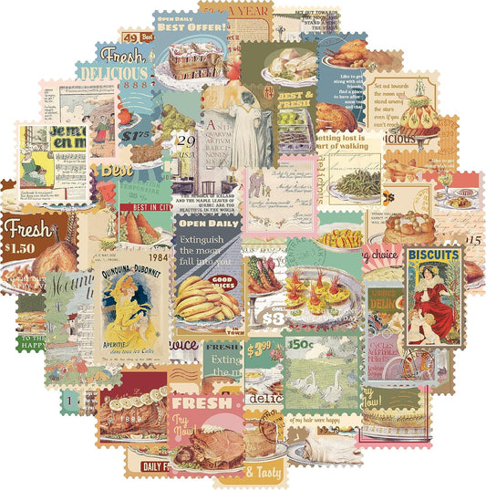 Prstincol 100 Pcs Scrapbooking Stickers,Food Stickers for Scrapbooking,Vintage Stamp Sticker for Journaling,Retro Poster Sticker for Water Bottle Laptop Phones Bullet Journal